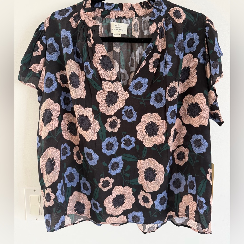 Trovata Black Floral Short-Sleeve Blouse with Pink and Blue Flowers